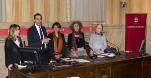 PALAZZO MARINO, Milan 2017 - From the left: Silvia Muciaccia, curator - Beppe Sala, Mayor of Milan - Anna Santinello, sculptor - Diana De Marchi, President of Equal Opportunities Commission - Silvia Vegetti Finzi, writer